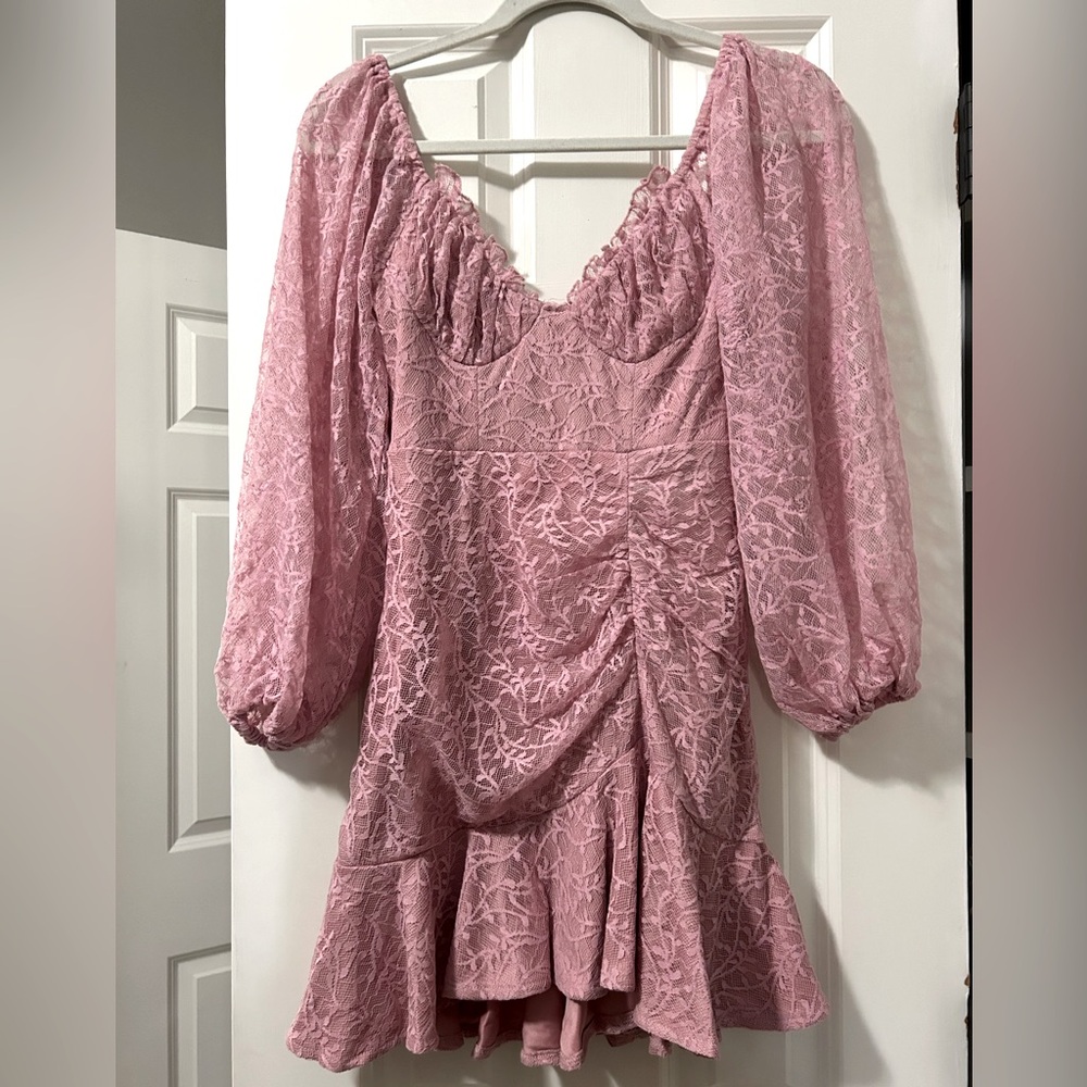 Pink lace ruffle mini dress